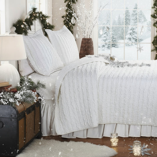 Queen (Full) 3-Piece Quilt Set 100% Cotton White Ruffled Stripes