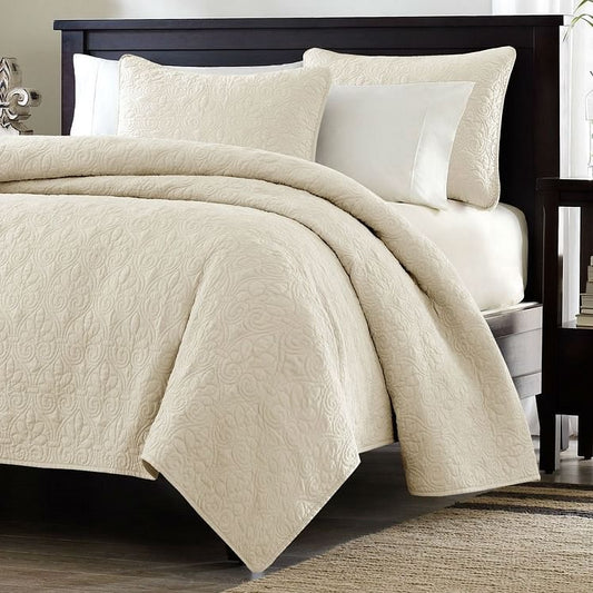Queen Ivory/ Beige Quilted Coverlet Set with 2 Shams