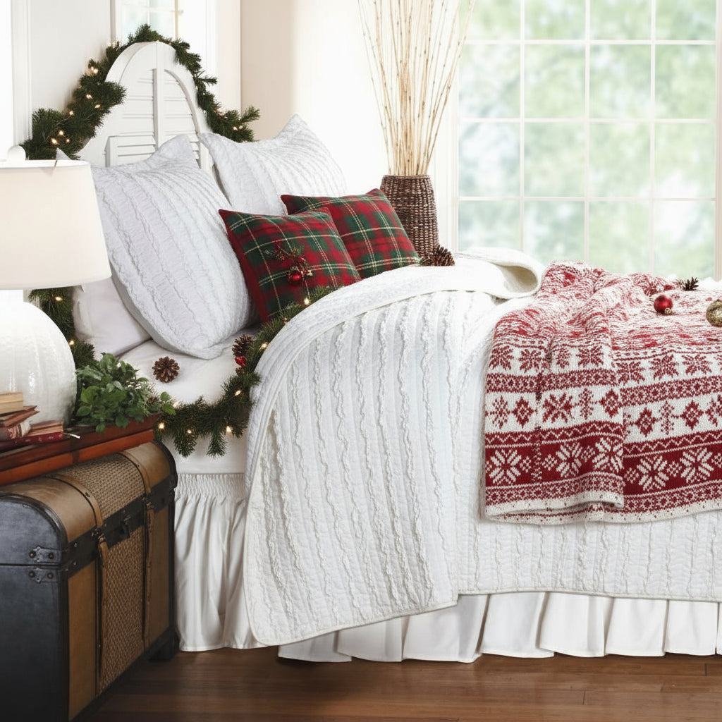King size 3-Piece Quilt Set with 2 Pillow Shams 100% Cotton White