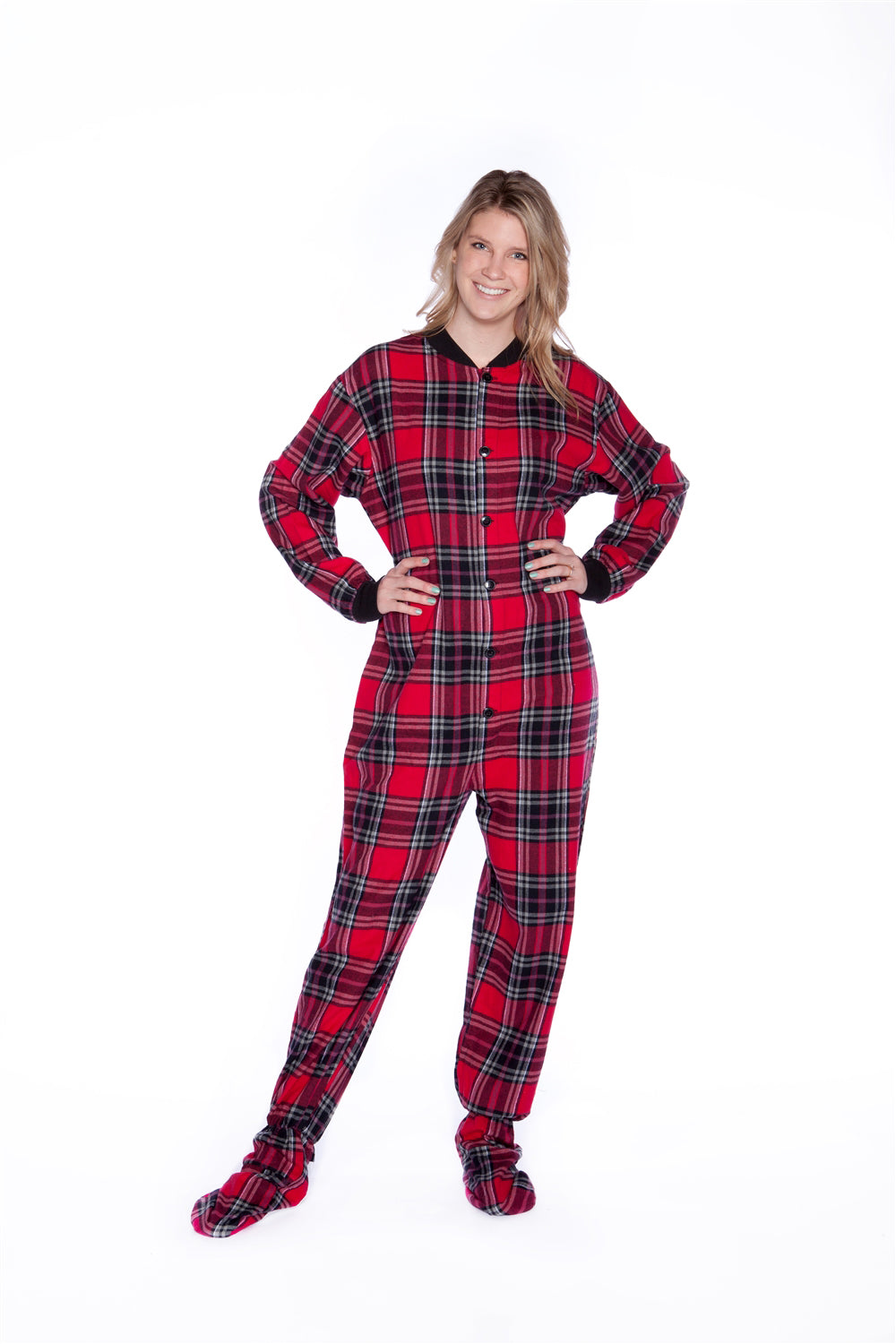 Adult Footie-Onesie Pajamas! Super Soft! Non-Slip Soles. Red, Black Plaid Men & Women