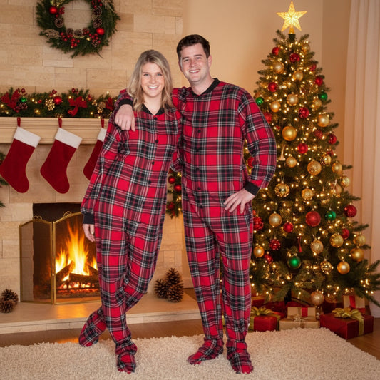 Adult Footie-Onesie Pajamas! Super Soft! Non-Slip Soles. Red, Black Plaid Men & Women