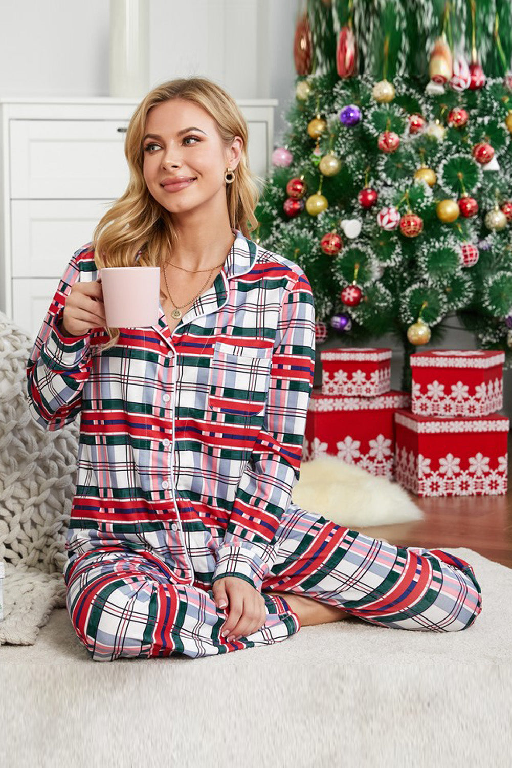 Plaid Button-Down Christmas Pajama Set (lower in back)