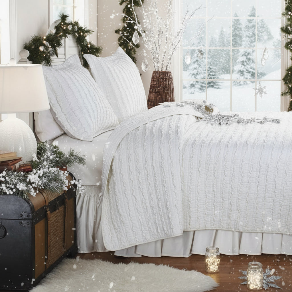 Queen (Full) 3-Piece Quilt Set 100% Cotton White Ruffled Stripes