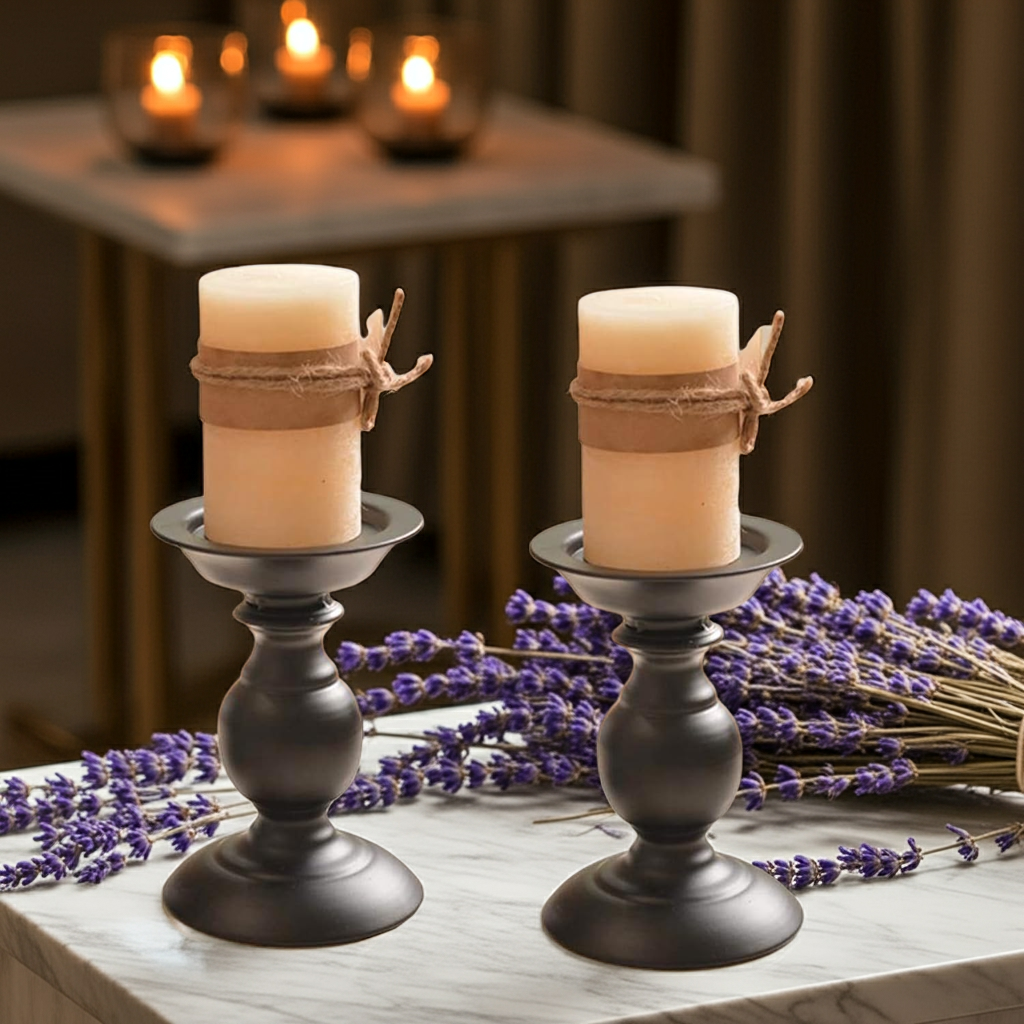 Black Pillar Candle Holders Set of 2 for 3 Inch Candles - Holiday/Wedding Home Decor