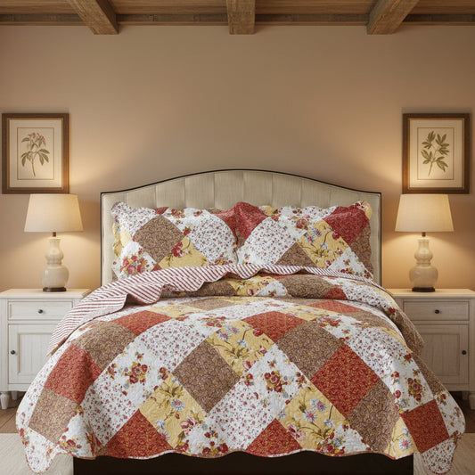 Suzy Reversible Quilt Set - 3 Piece Rust Orange Patchwork Bedspread with Shams