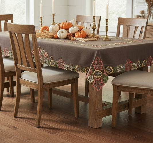 Harvest Leaf Tablecloth, Elegant Hand Rendered and Embroidered Fall Leaves