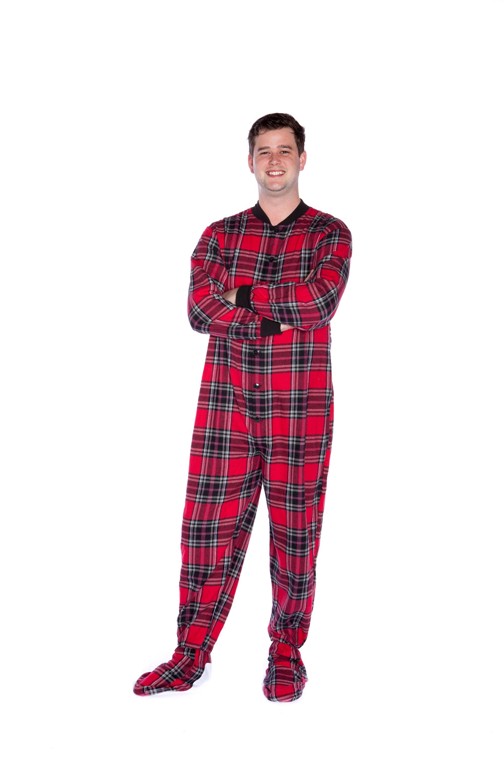 Adult Footie-Onesie Pajamas! Super Soft! Non-Slip Soles. Red, Black Plaid Men & Women